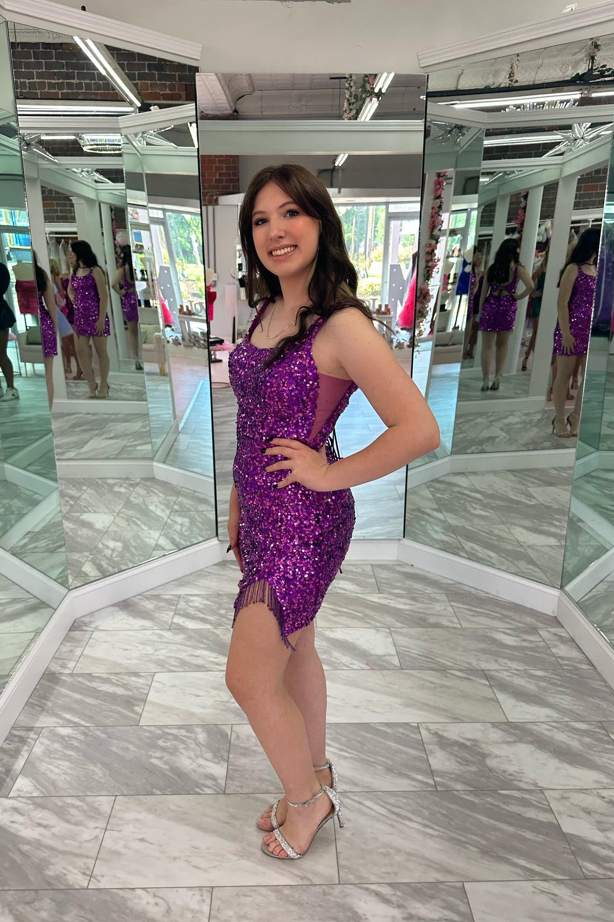 Square Neck Purple Sequin Tassels Mini Dress
