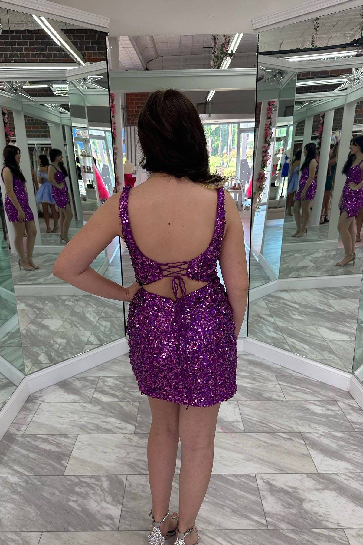 Square Neck Purple Sequin Tassels Mini Dress