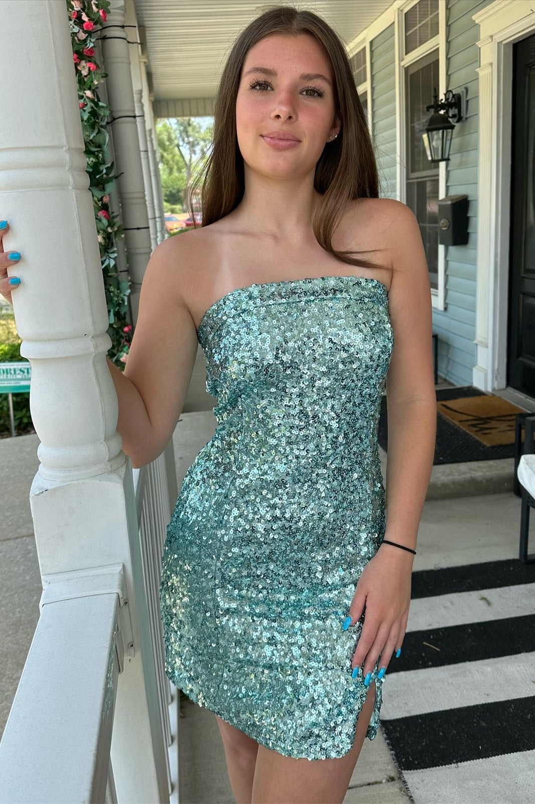Strapless Mint Green Sequin Fitted Mini Dress Dressesforparty Strapless Mint Green Sequin Fitted Mini Dress Dressesforparty