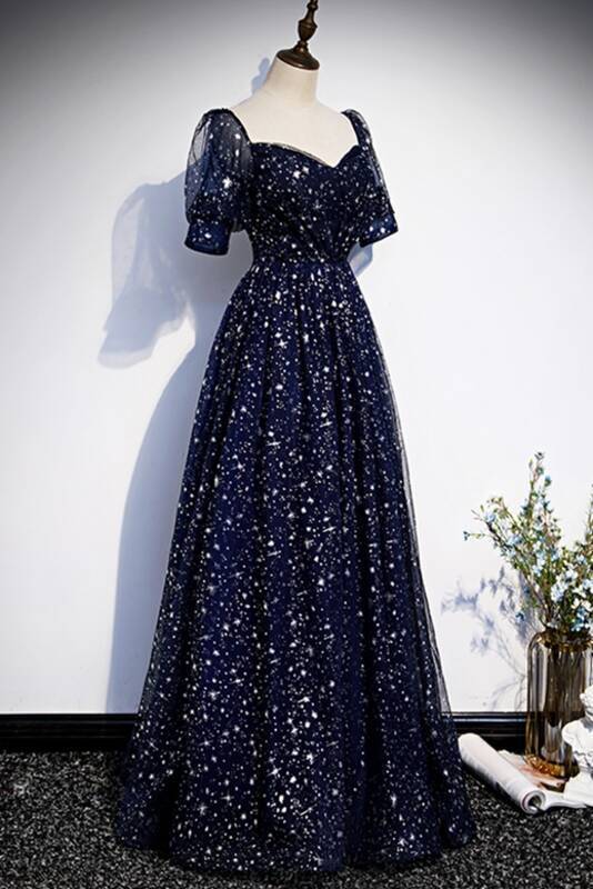 Starry Navy Blue A-line Long Prom Dress