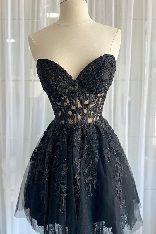 Strapless Black Lace A-line Short Corset Dress