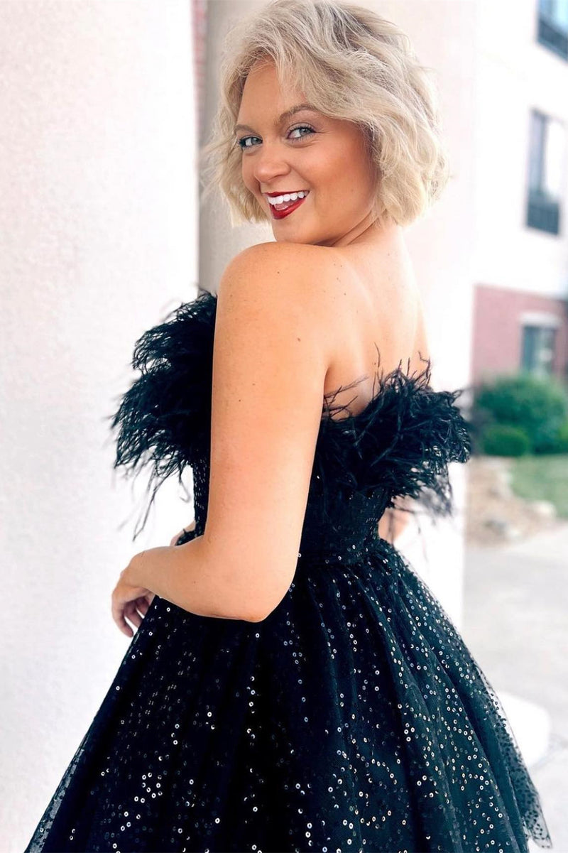 Strapless Fur Black A-line Short Party Dress