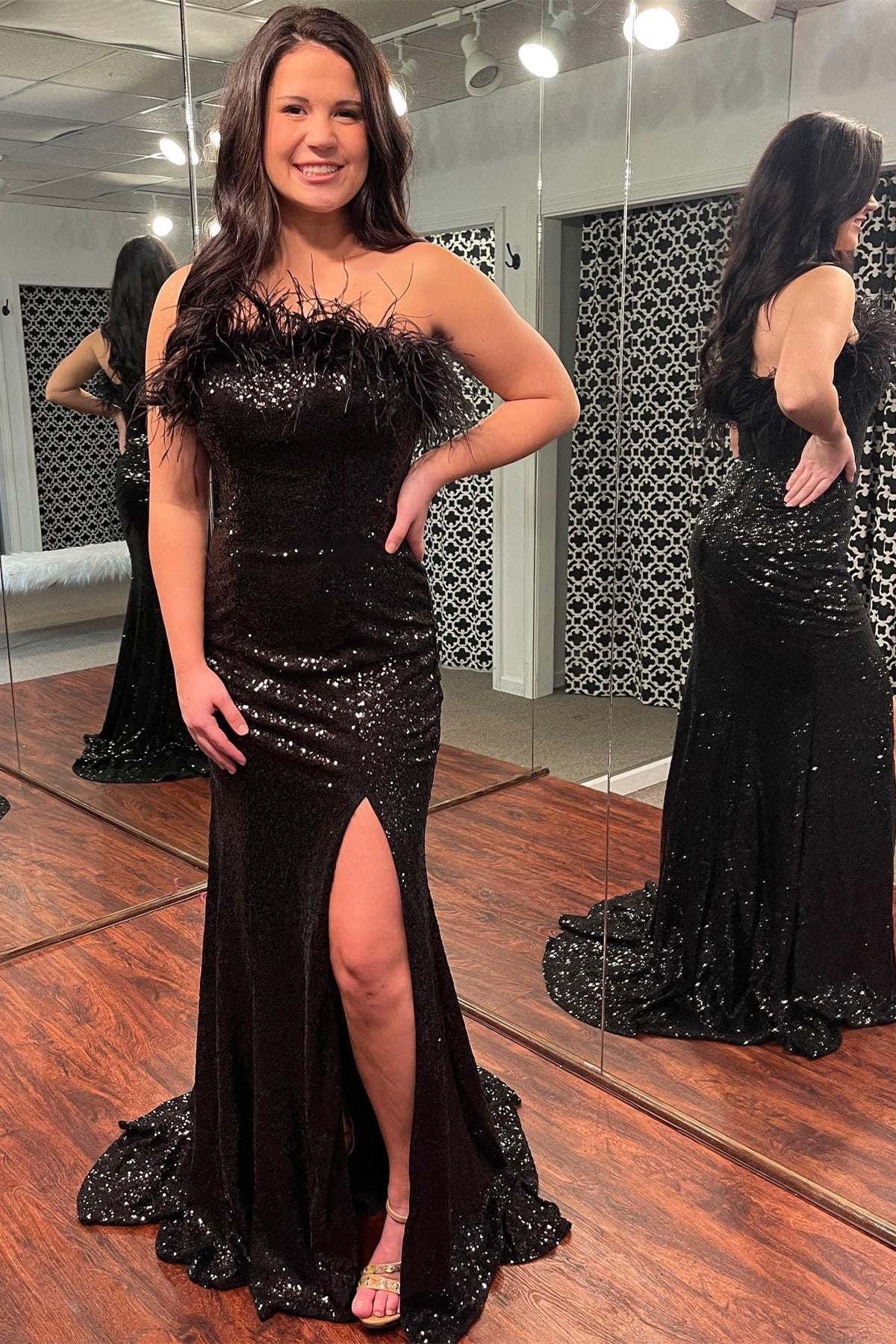 Strapless Fur Light Blue Sequin Mermaid Formal Dress