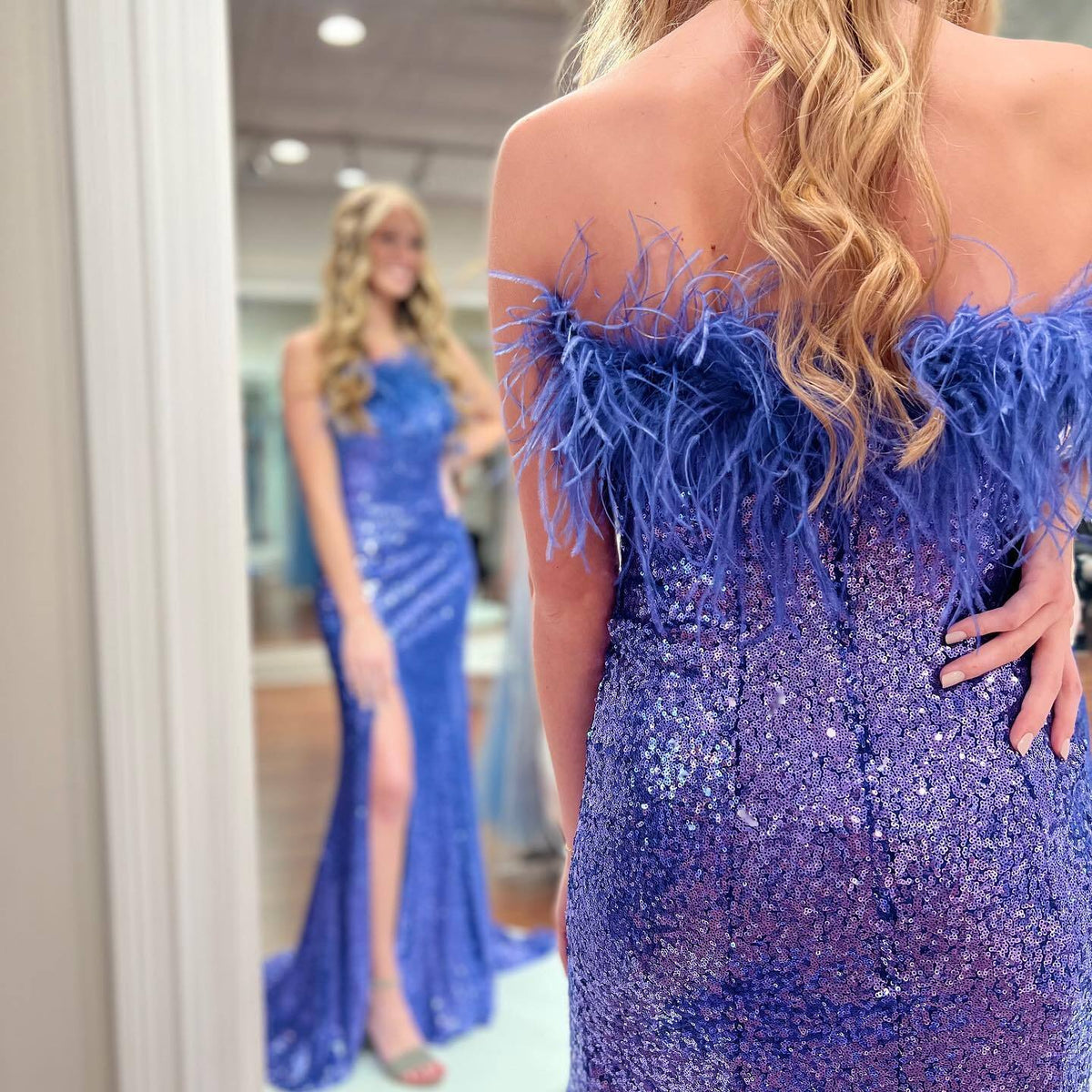 Strapless Fur Light Blue Sequin Mermaid Formal Dress