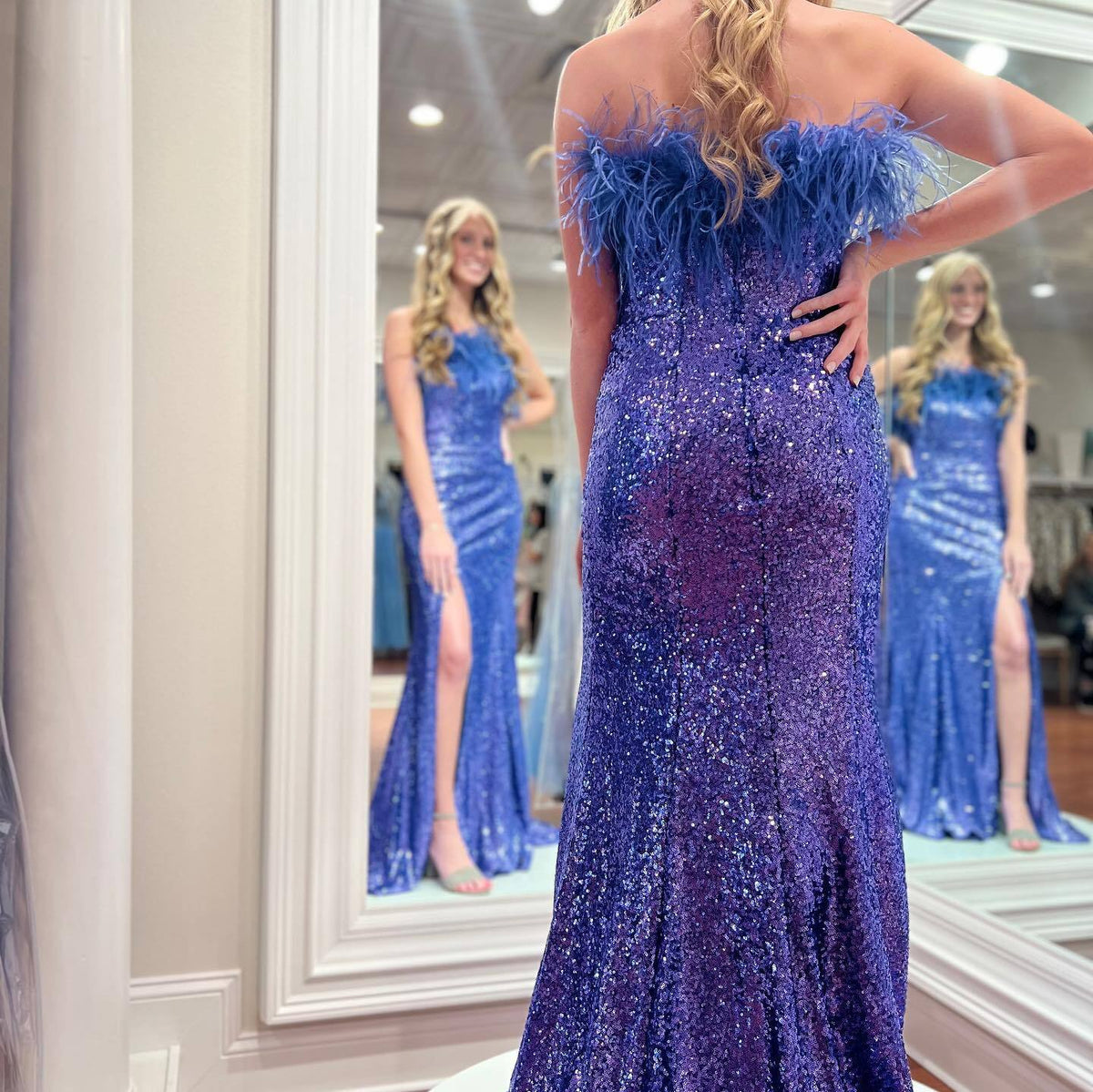 Strapless Fur Light Blue Sequin Mermaid Formal Dress
