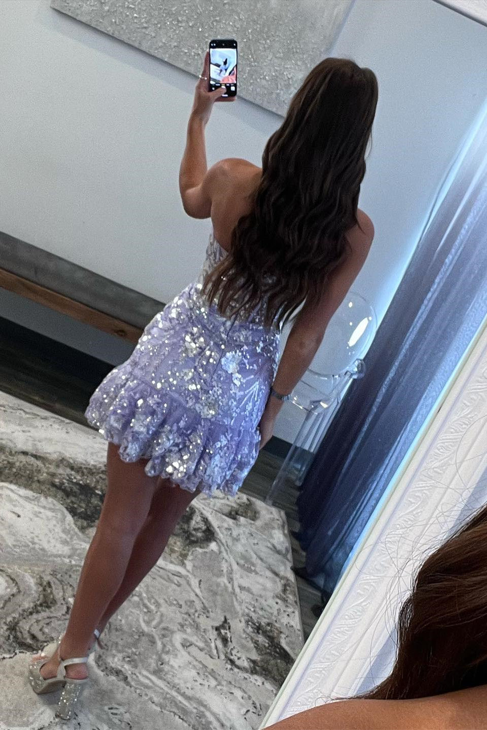Strapless Lavender Sequin Tight Mini Dress with Ruffles