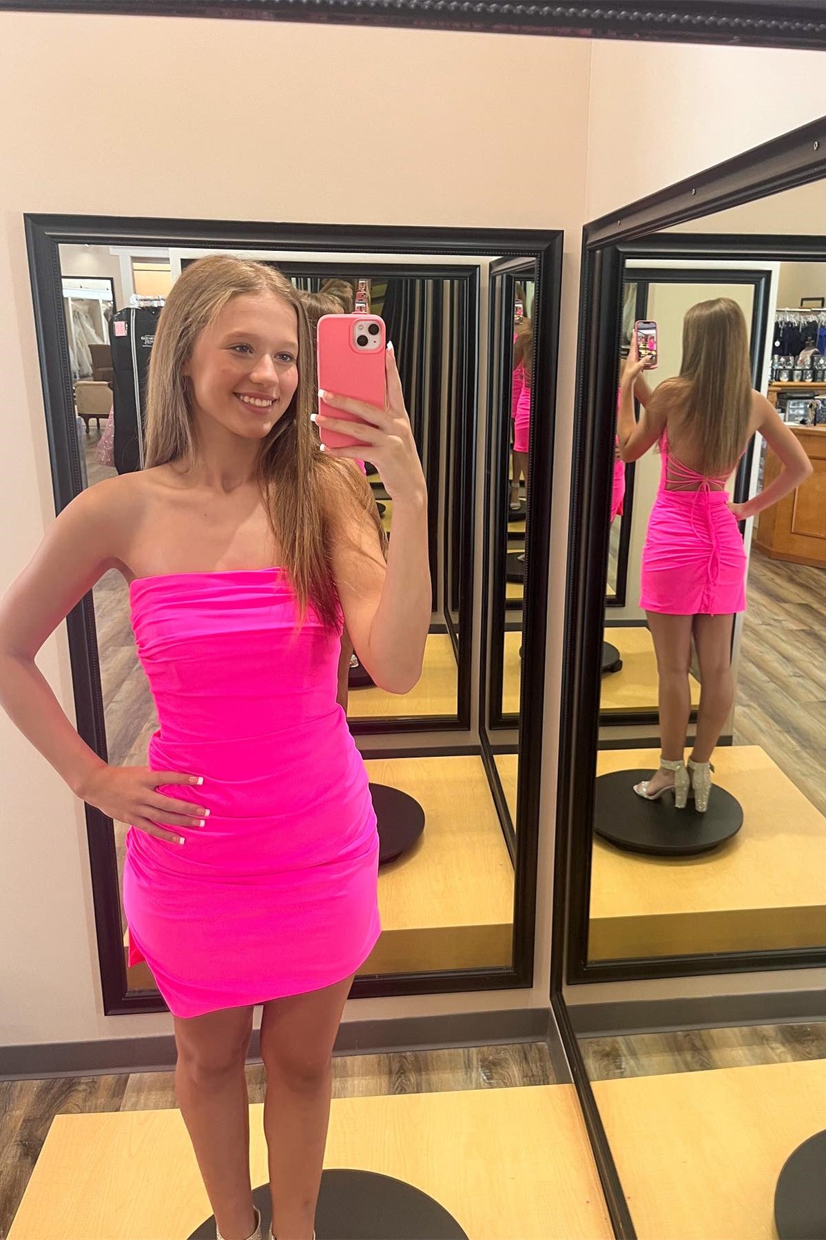Strapless Neon Pink Tight Mini Dress