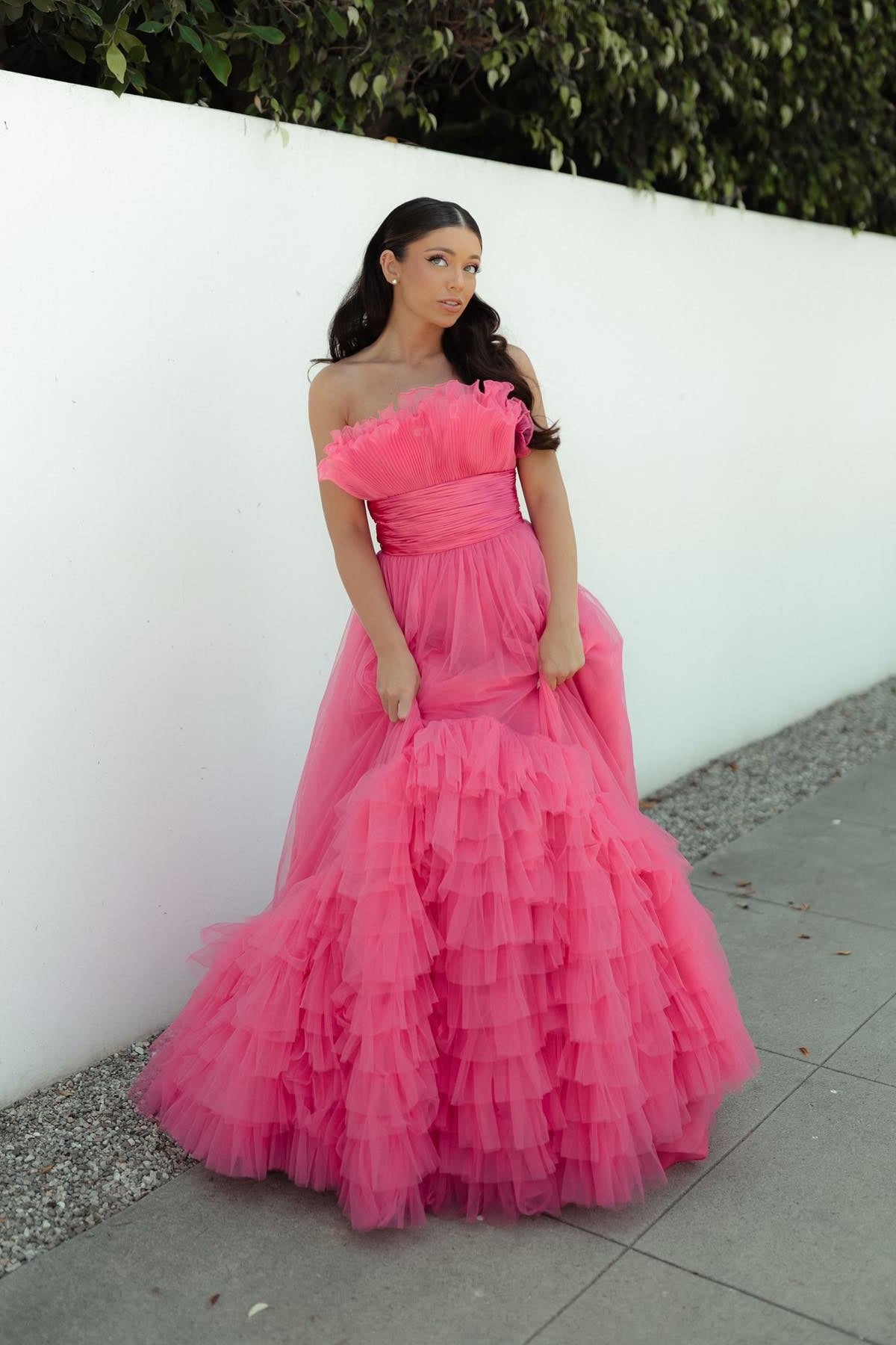 Strapless Pink Tulle Emprie Ruffles A-line Gown