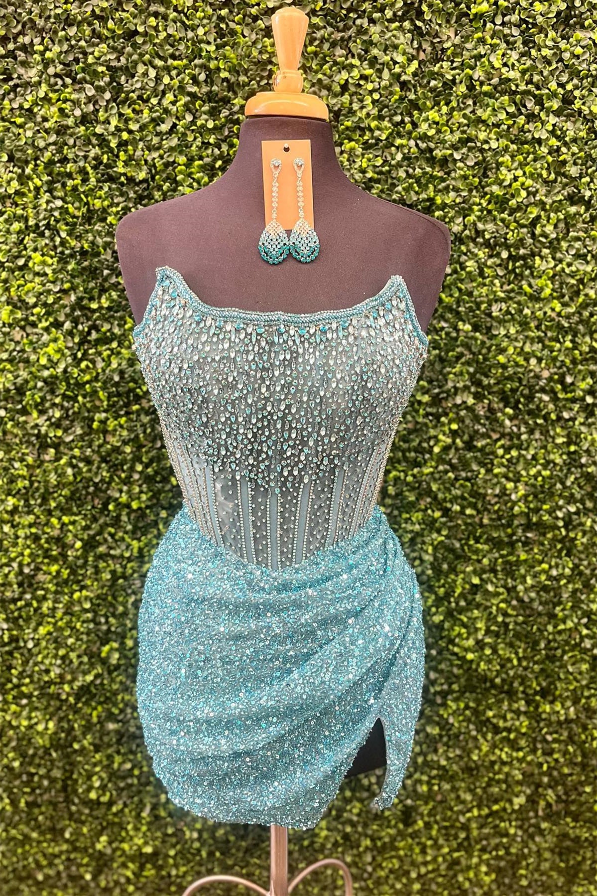 Strapless Blue Sequin Beaded Mini Dress