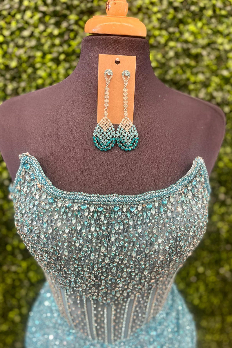 Strapless Blue Sequin Beaded Mini Dress