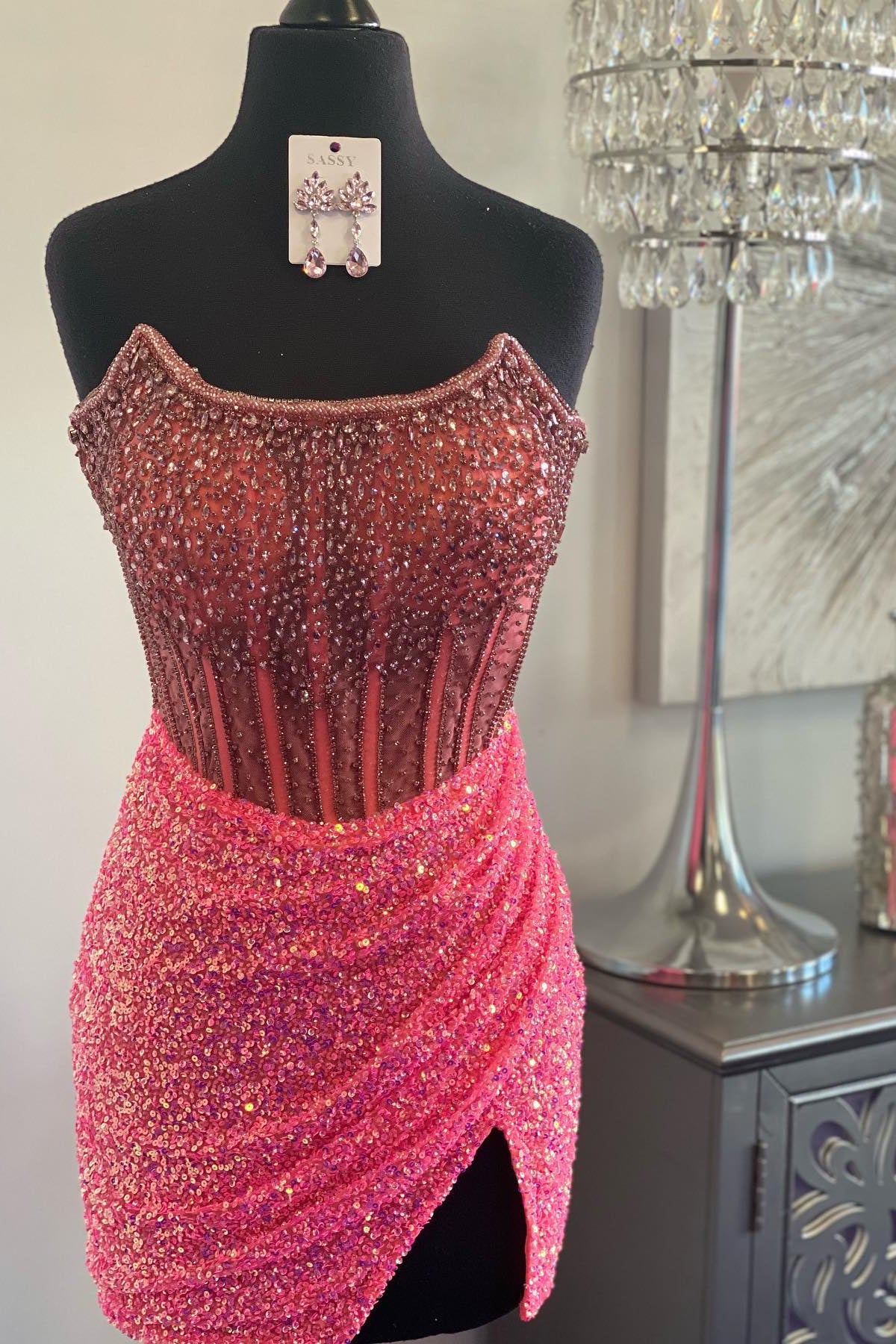 Strapless Pink Sequin Beaded Mini Dress