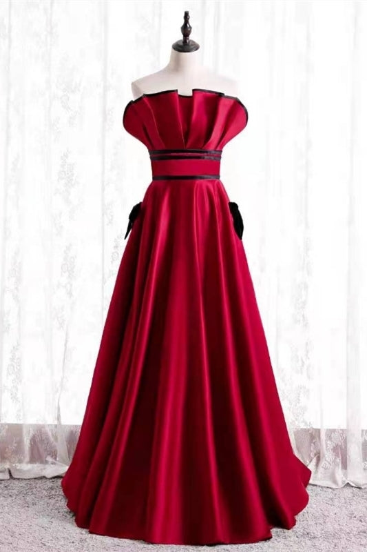 Strapless Red Satin Long Formal Dress with Pockets