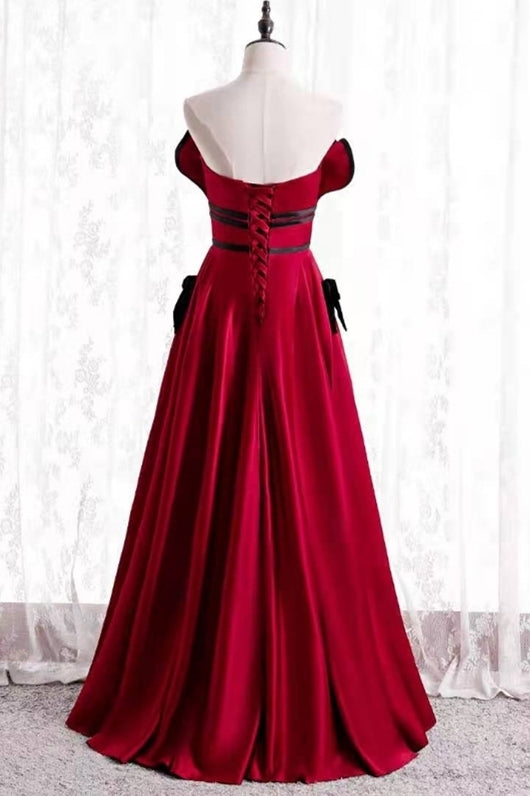 Strapless Red Satin Long Formal Dress with Pockets