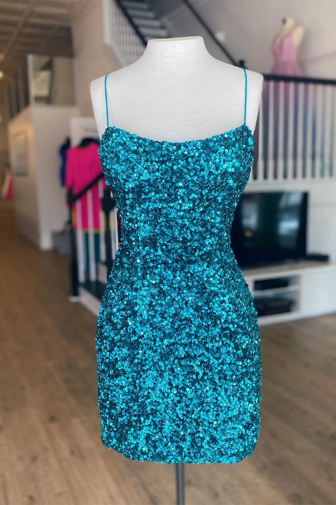 Straps Hot Pink Sequin Bodycon Mini Homecoming Dress