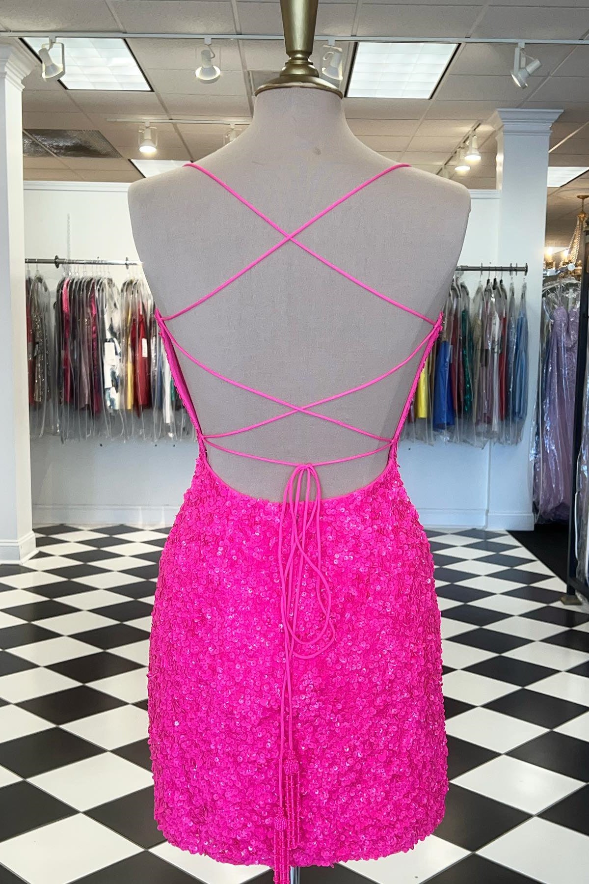 Straps Hot Pink Sequin Bodycon Mini Homecoming Dress