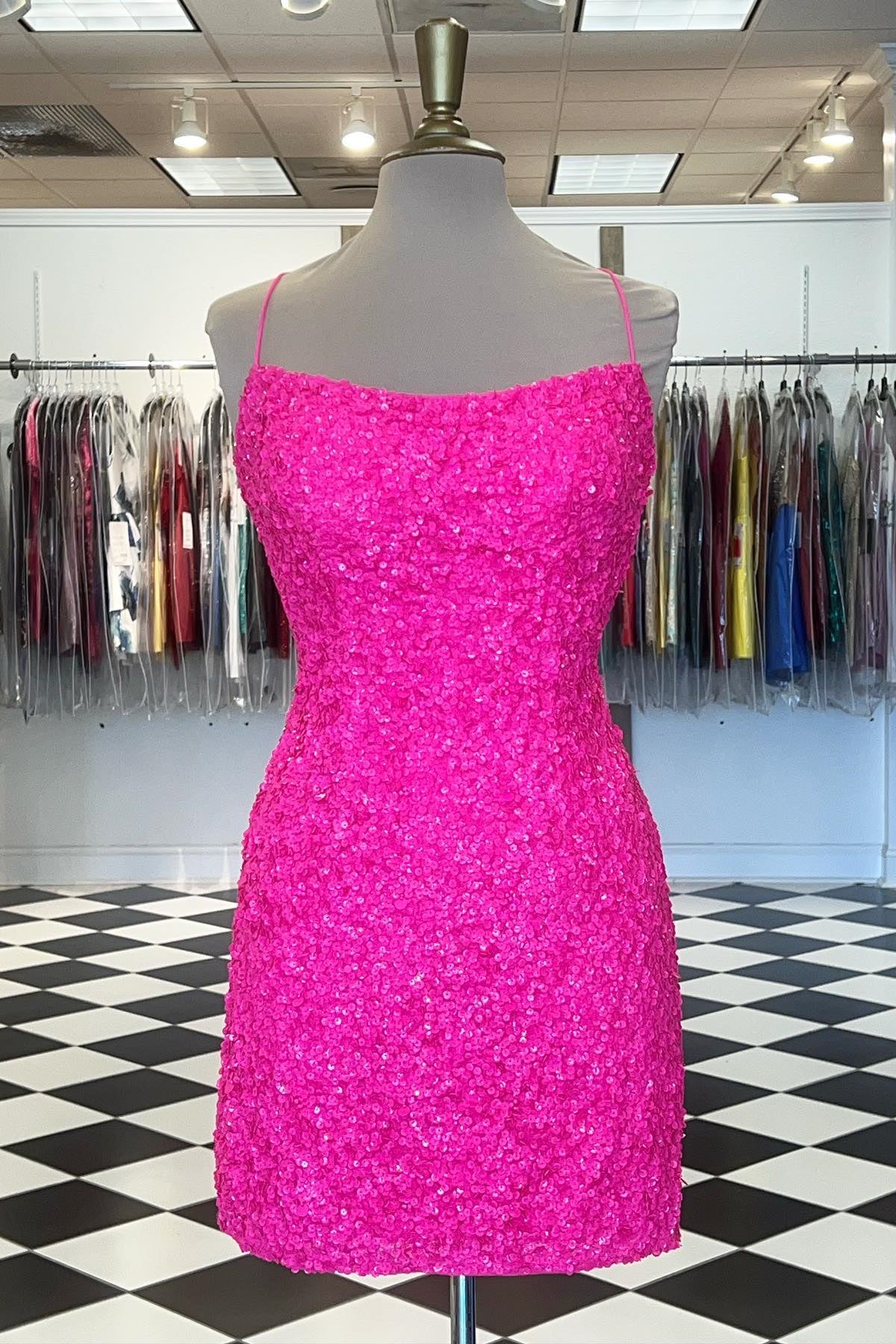 Straps Hot Pink Sequin Bodycon Mini Homecoming Dress