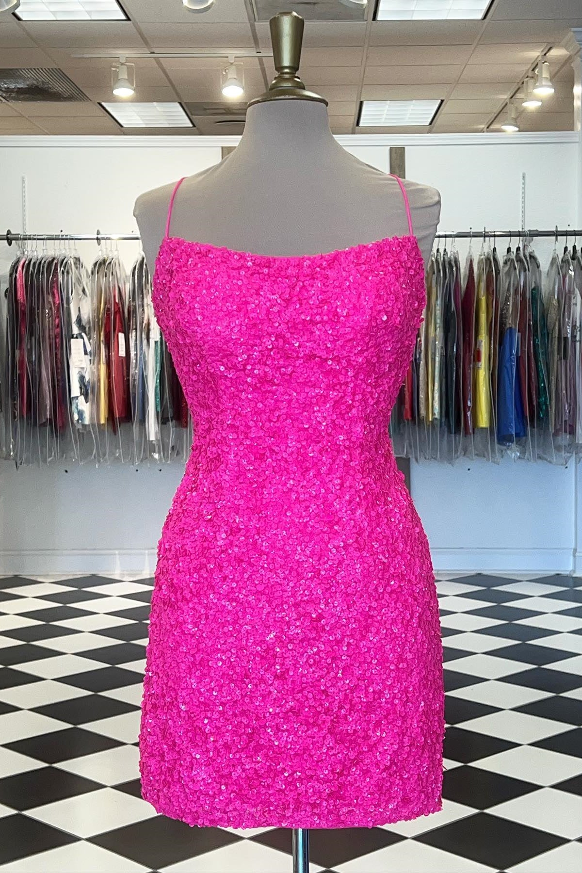 Straps Hot Pink Sequin Bodycon Mini Homecoming Dress Dressesforparty Straps Hot Pink Sequin Bodycon Mini Homecoming Dress Dressesforparty