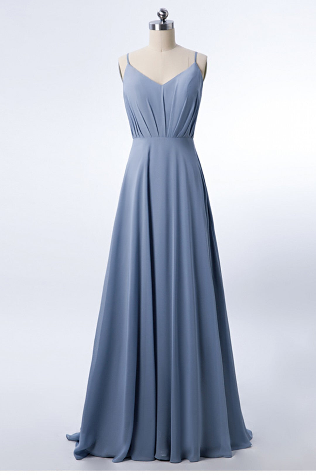 Straps A-line Misty Blue Chiffon Long Bridesmaid Dress