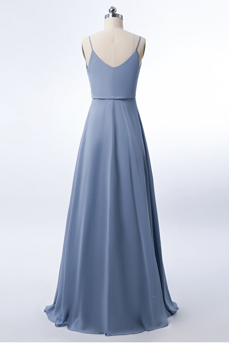 Straps A-line Misty Blue Chiffon Long Bridesmaid Dress