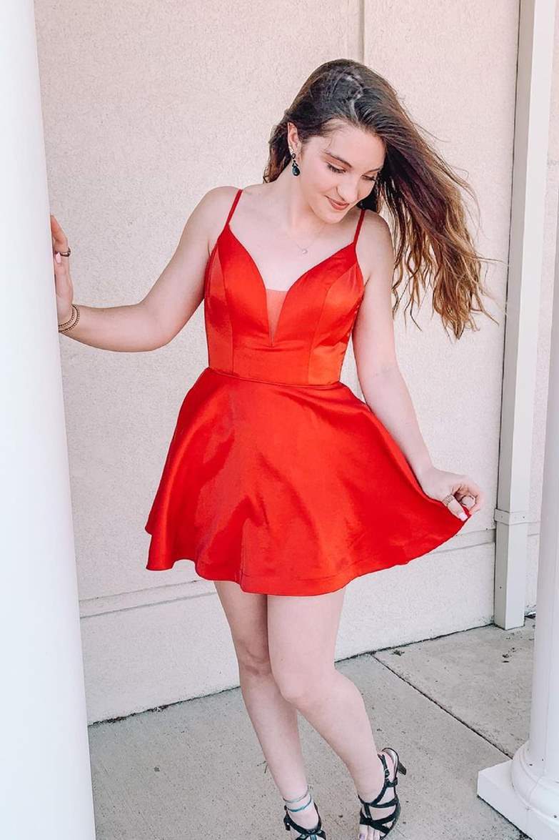 mesh homecoming dress Straps A-line Red Short Homecoming Dress with Mesh Insert – Dressesforparty