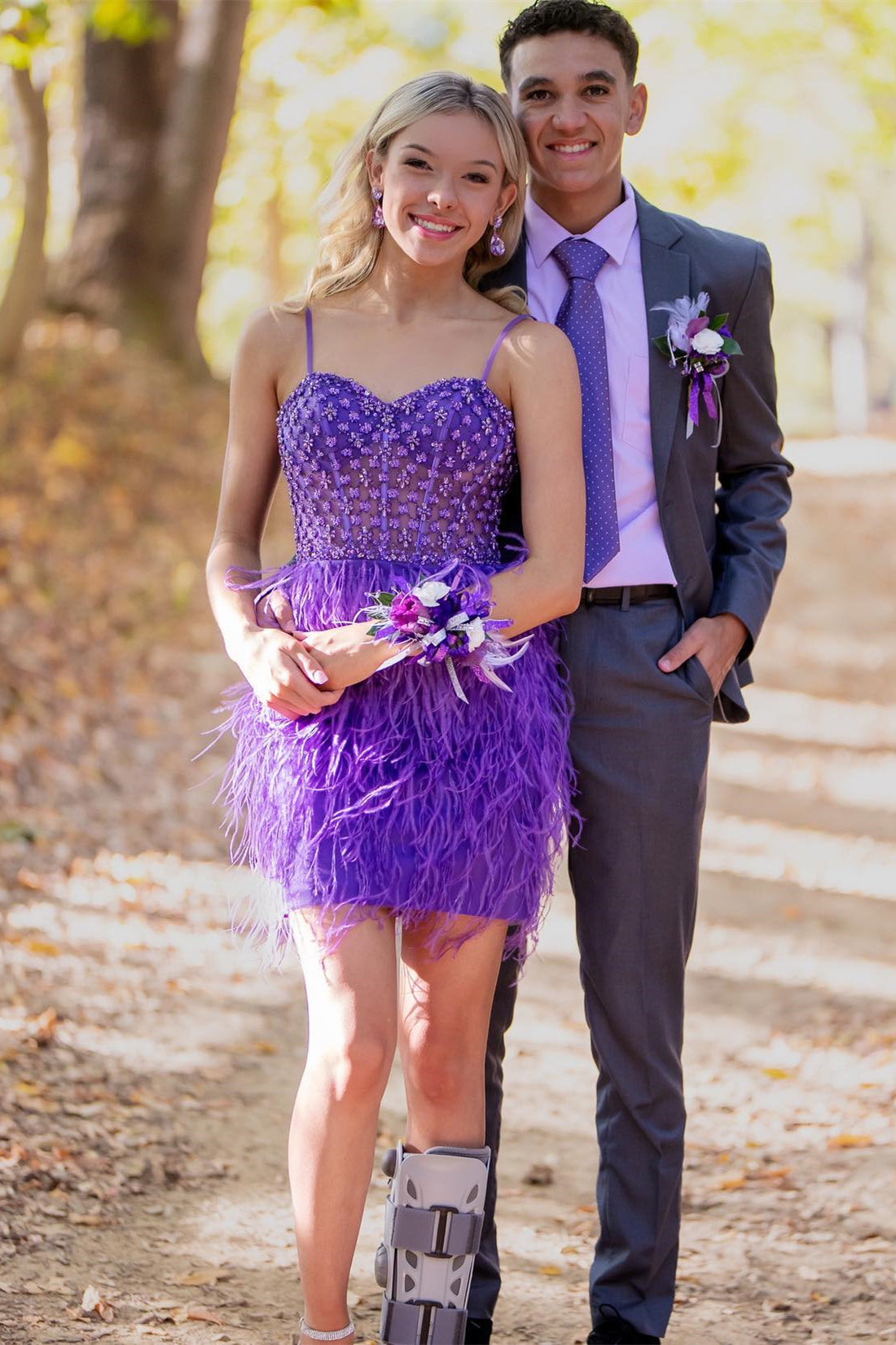 Straps Beaded Purple Feather Short Homecoming Dress
