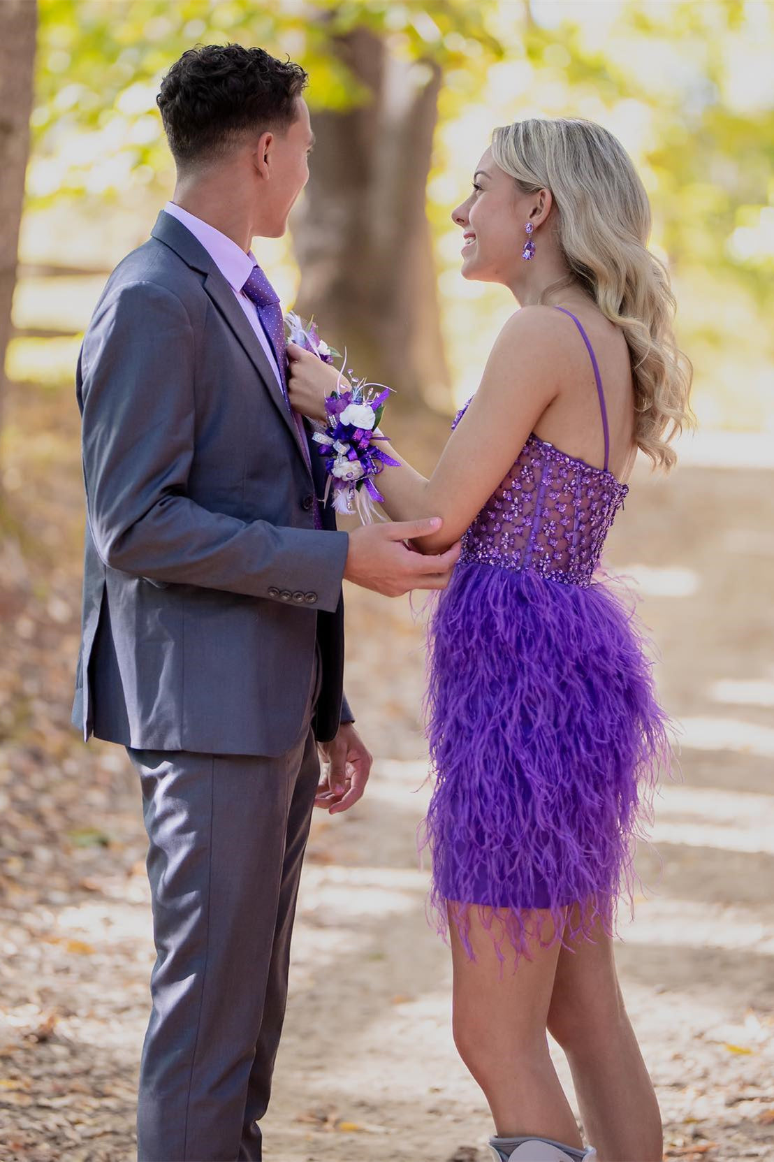 Straps Beaded Purple Feather Short Homecoming Dress