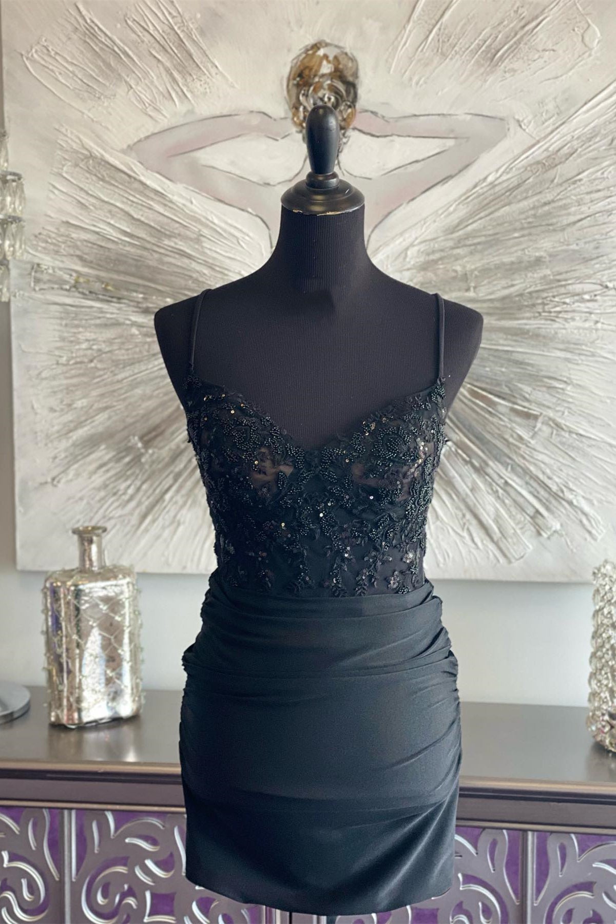 Straps Black Beaded Bodycon Mini Dress