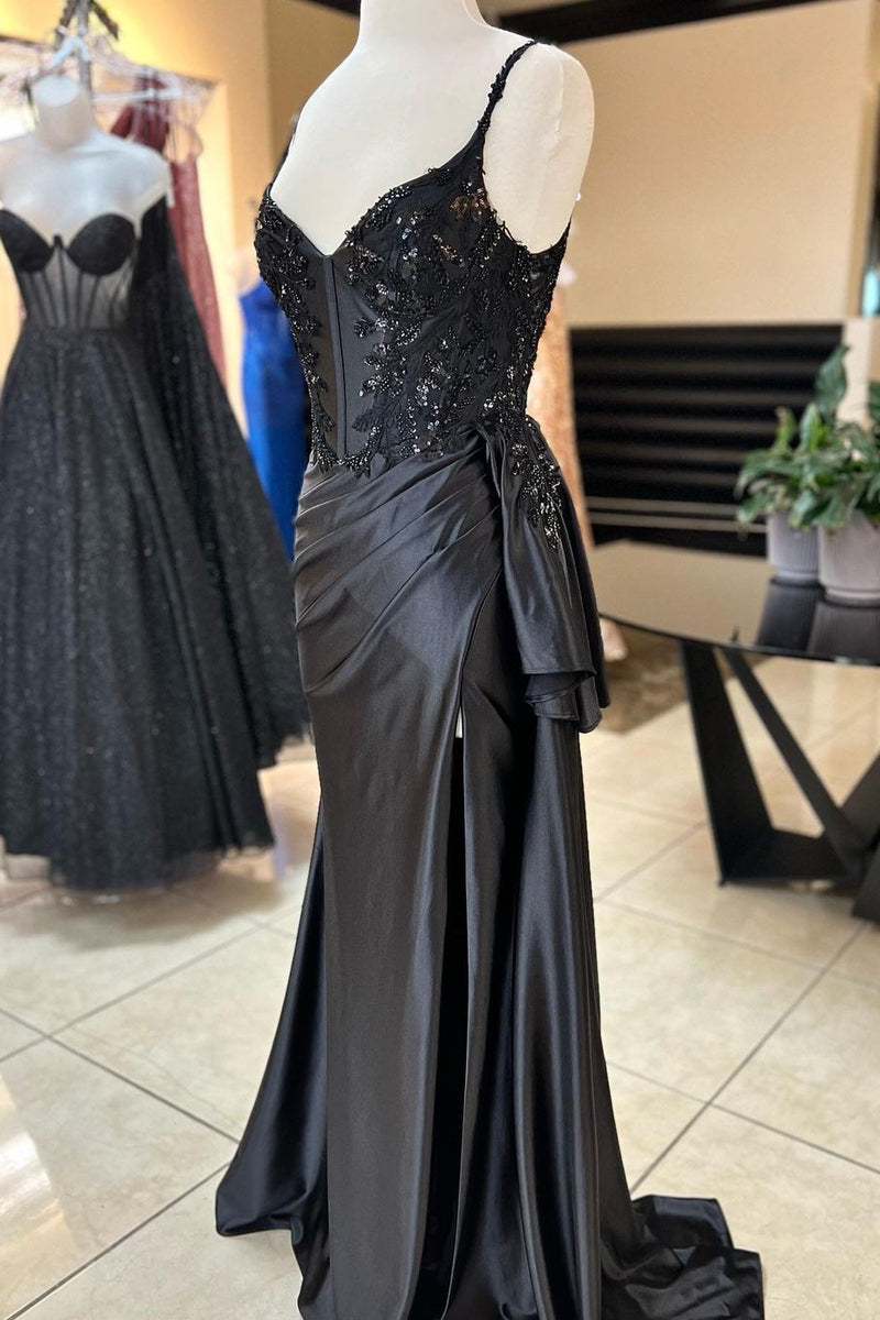 Straps Black Satin Mermaid Beaded Long Evening Dress with Slit
