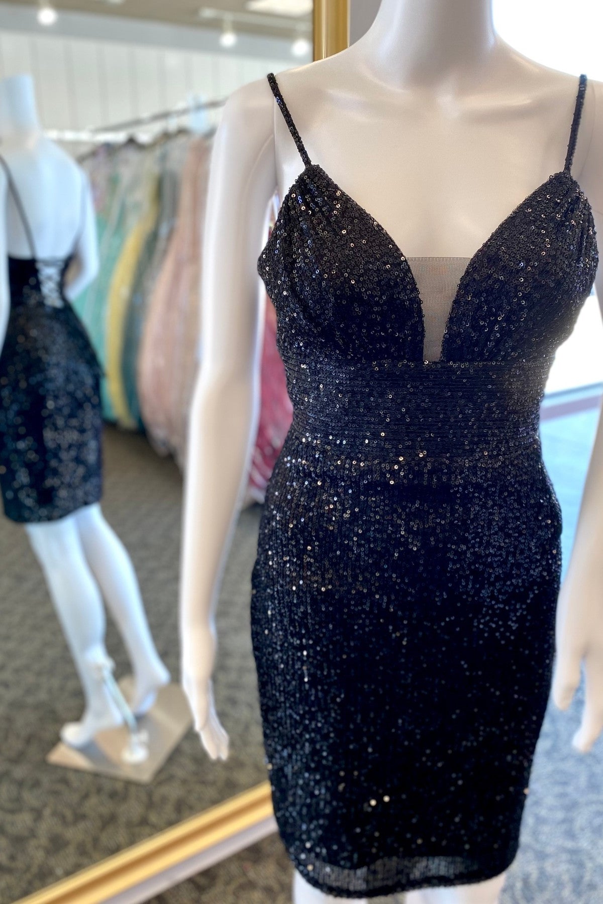 Straps Black Sequin Bodycon Mini Dress