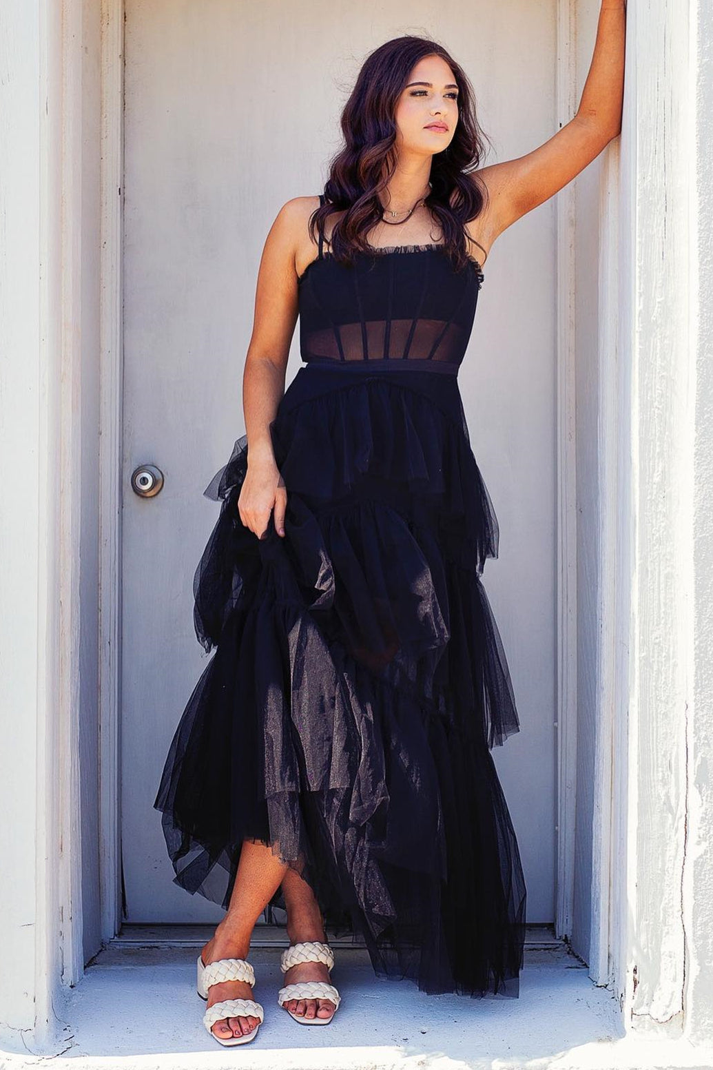 Straps Black Tiered Ruffle Tulle Long Party Dress