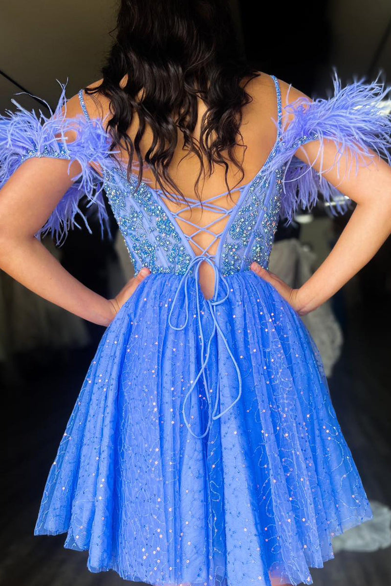Straps Blue Beaded A-line Feather Dress