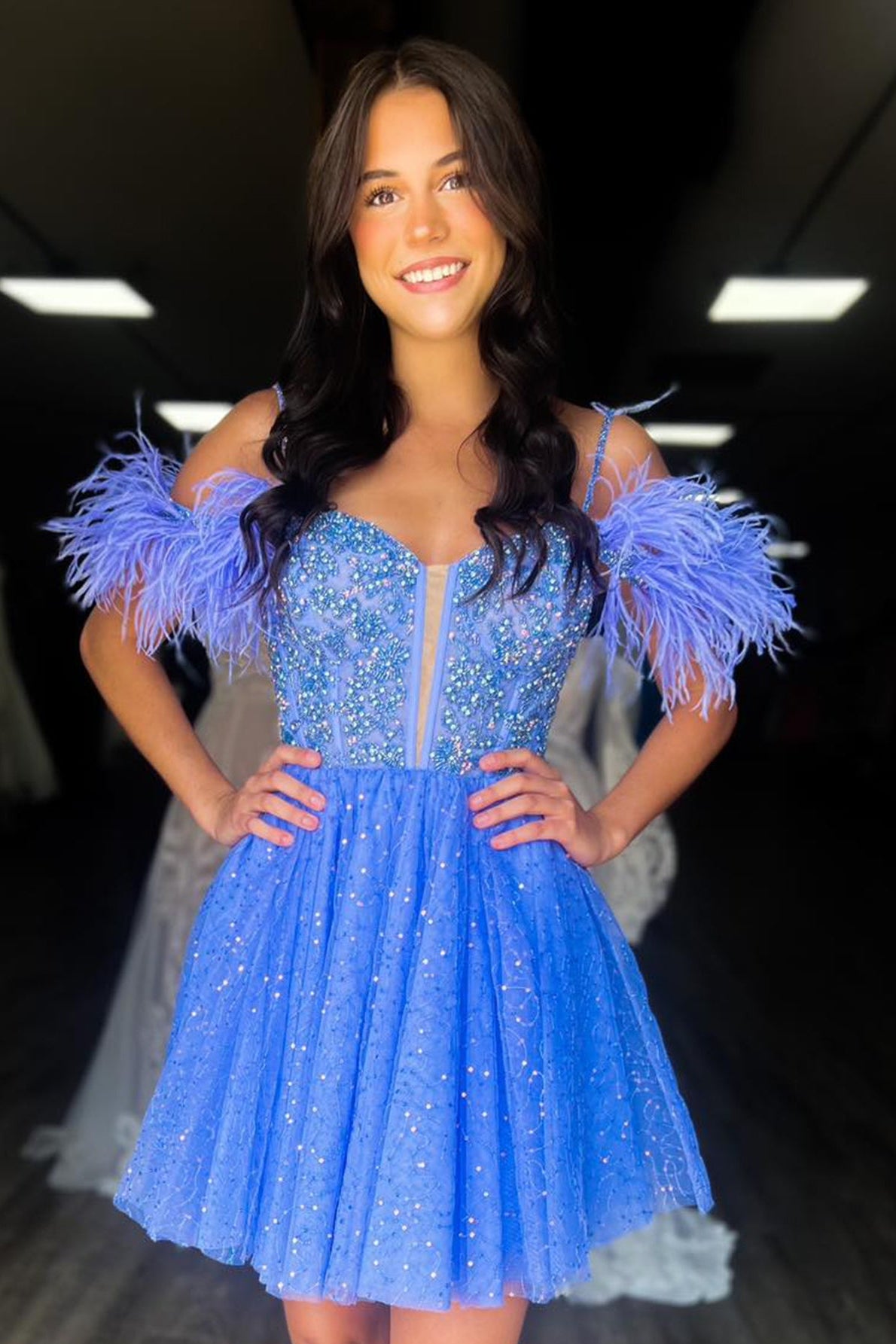 Straps Blue Beaded A-line Feather Dress Dressesforparty Straps Blue Beaded A-line Feather Dress Dressesforparty