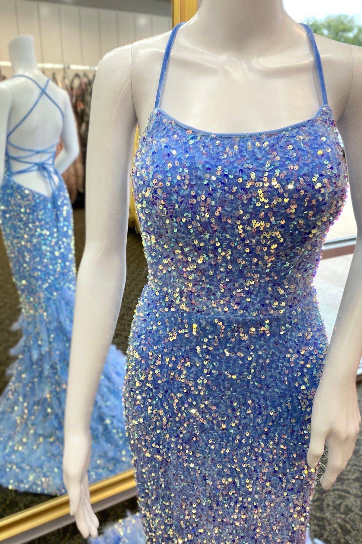 Straps Blue Sequin Mermaid Long Formal Dress