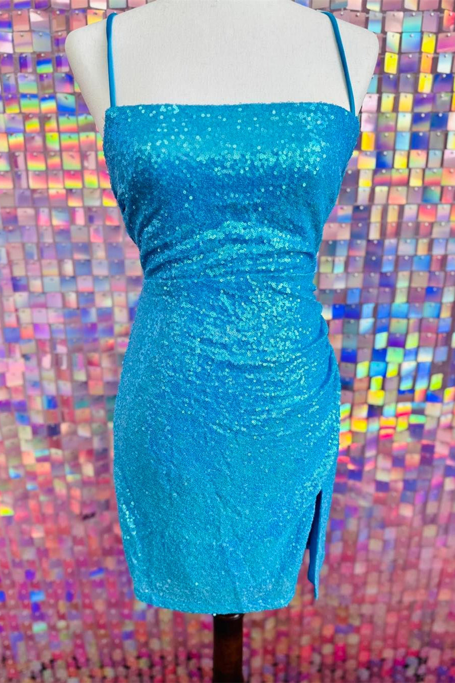 Straps Blue Sequin Tight Mini Dress