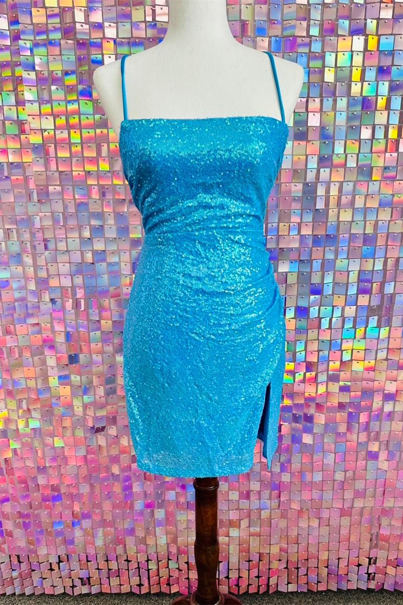 Straps Blue Sequin Tight Mini Dress