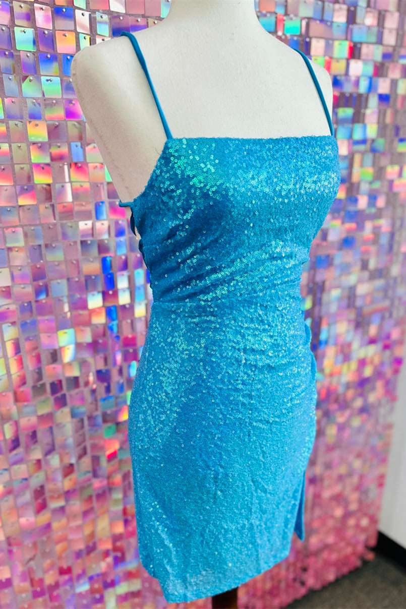 Straps Blue Sequin Tight Mini Dress