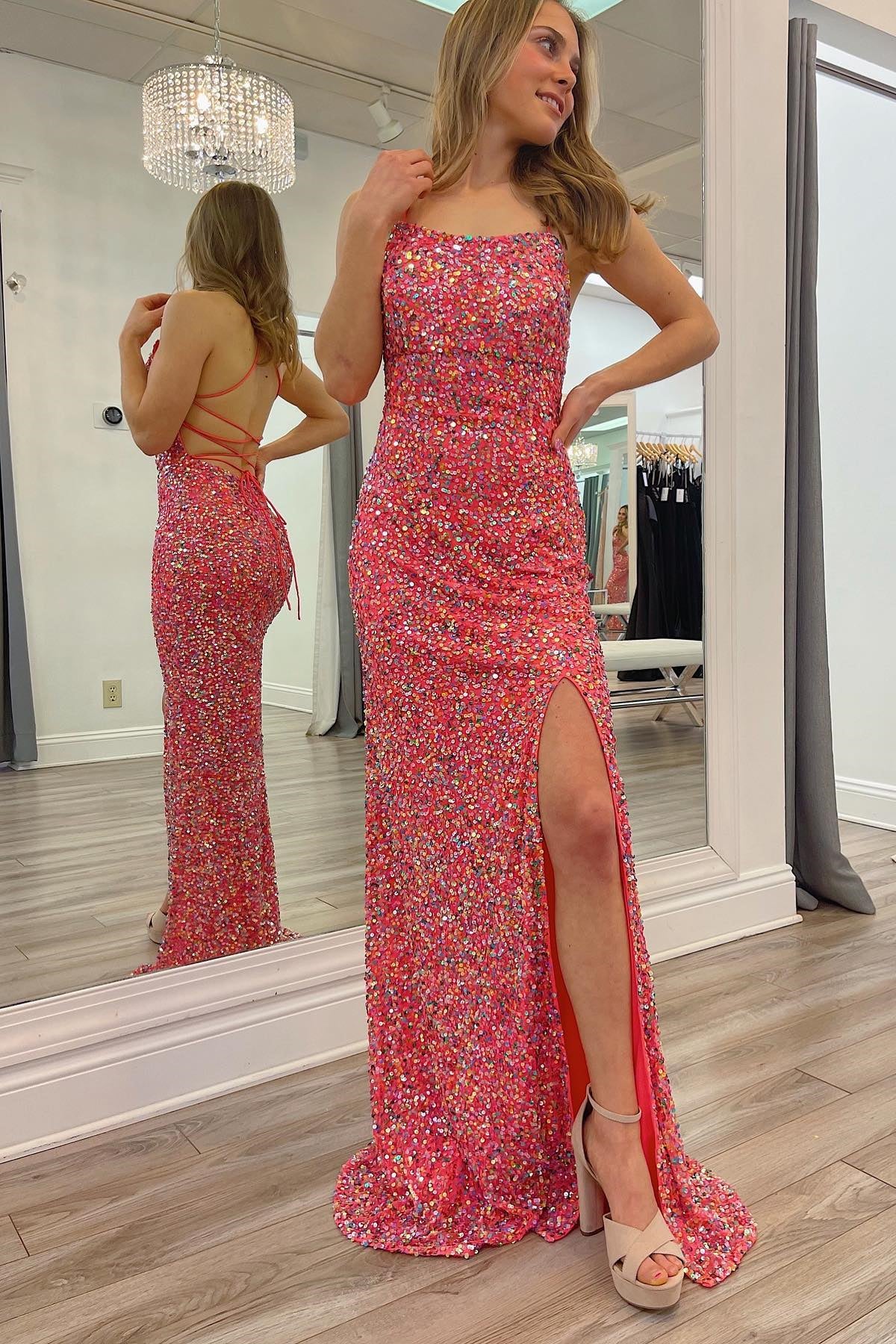 Straps Colored Sequin Mermaid Long Formal Dress with Lace Up Back