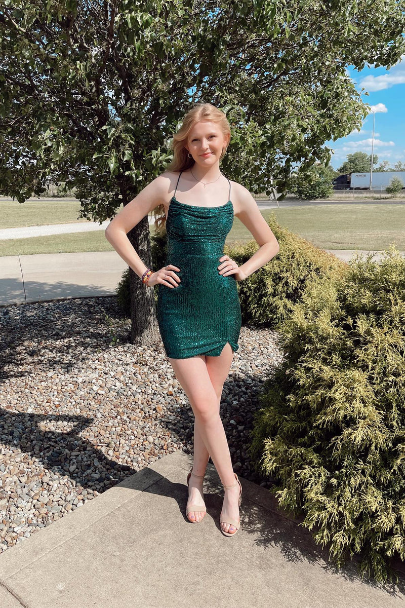 Straps Dark Green Cowl Neck Tight Mini Dress