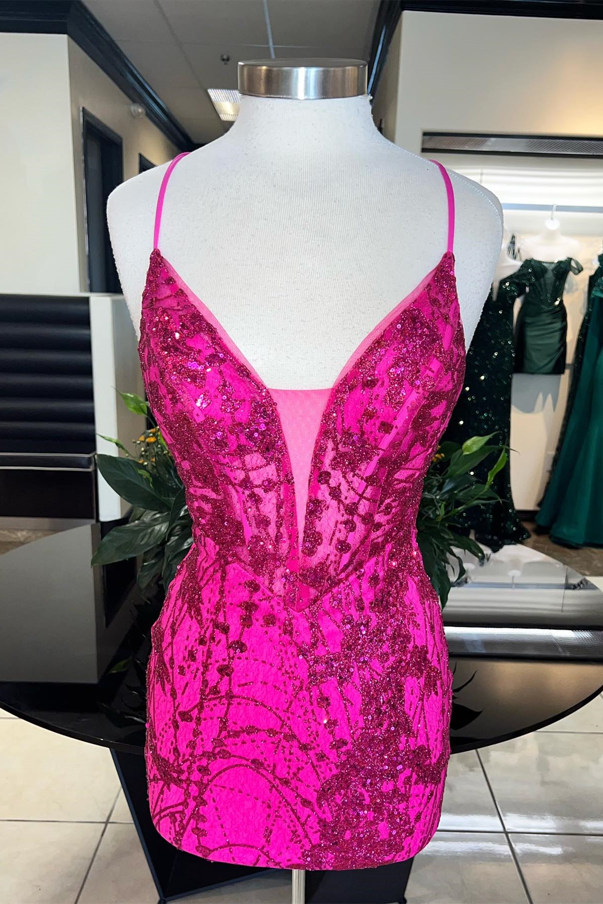 Straps Fuchsia Sequin Tight Mini Dress