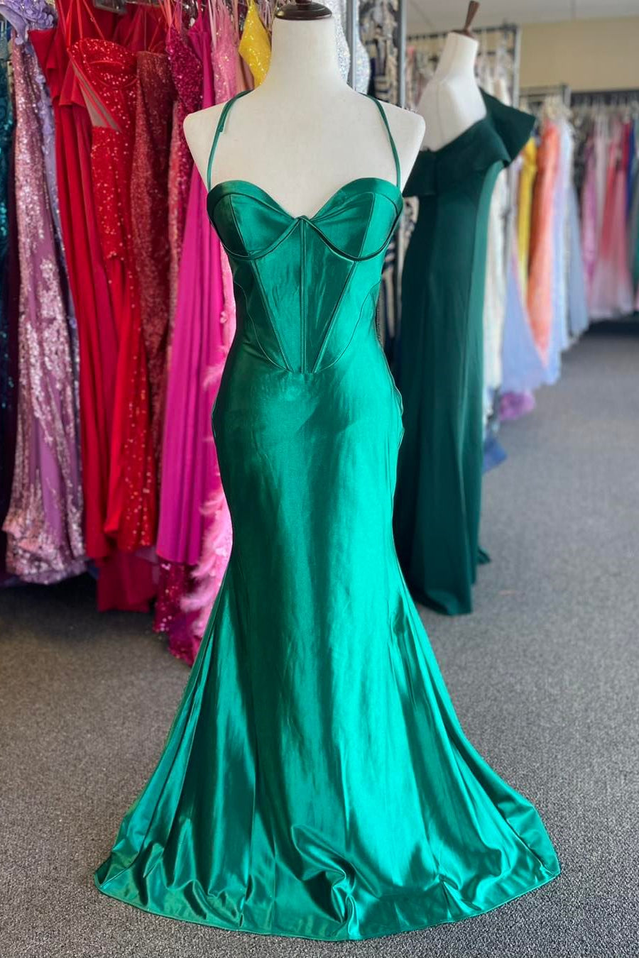 Straps Green Satin Mermaid Long Formal Dress