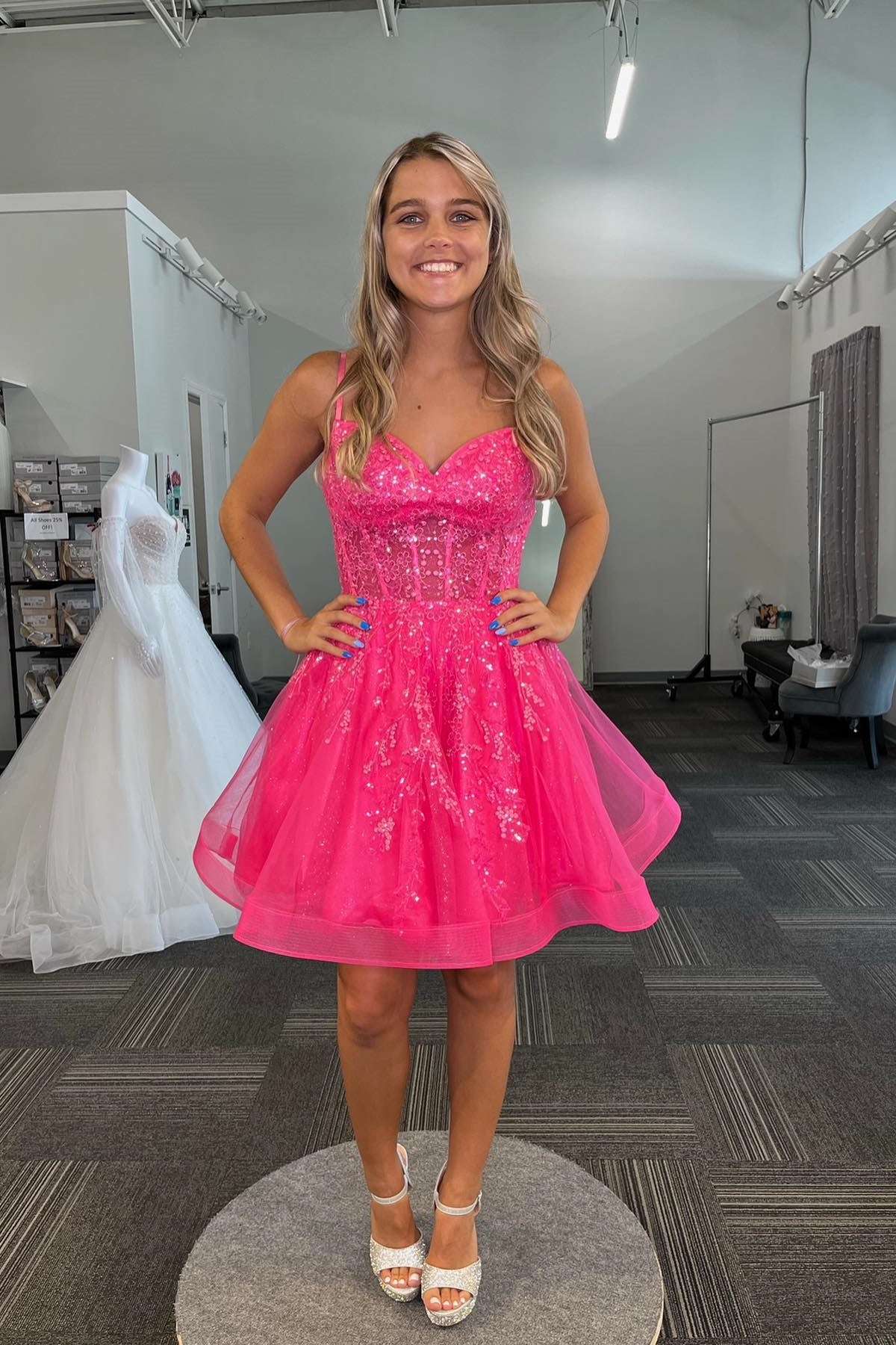 Straps Hot Pink A-line Short Homecoming Dress