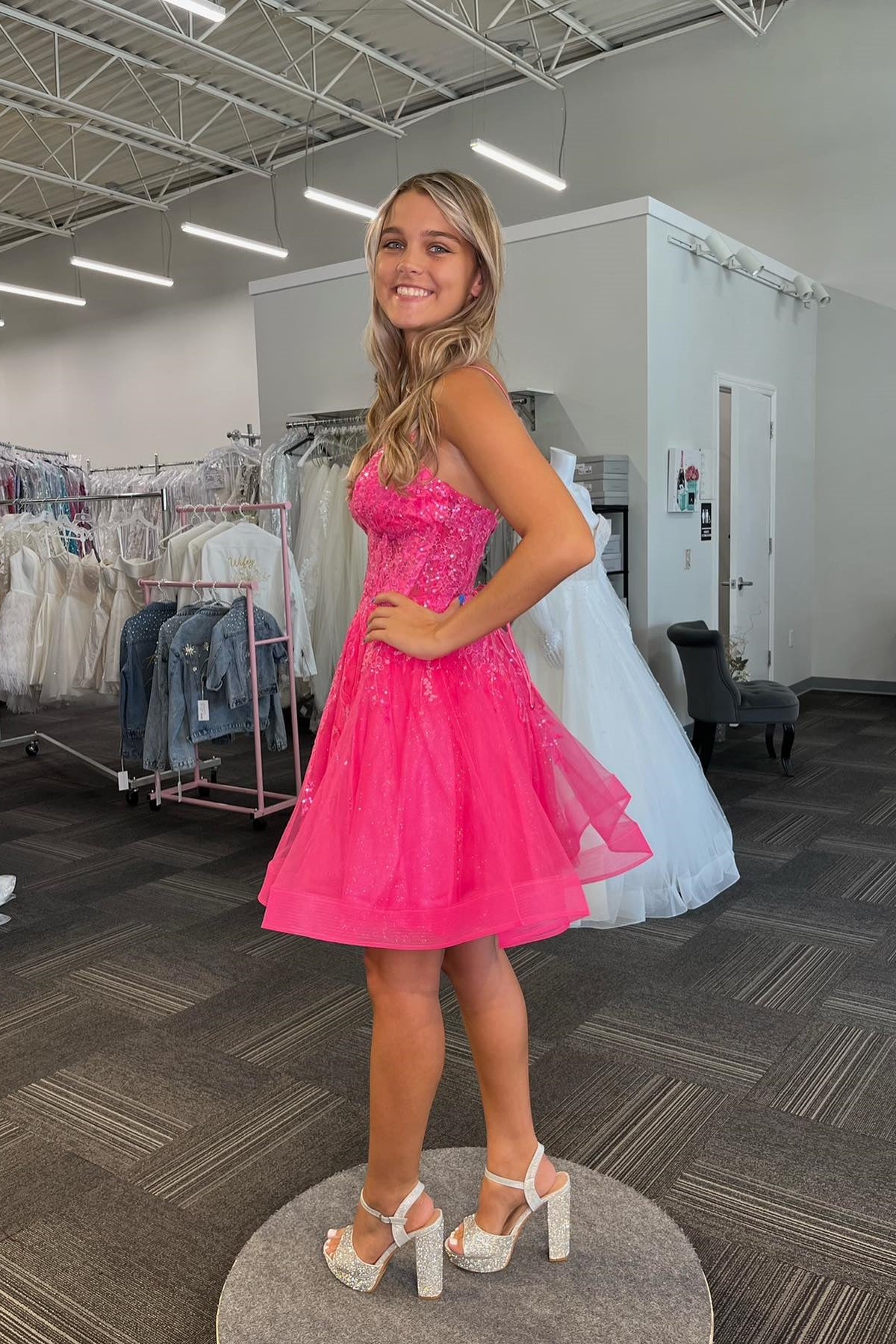 Straps Hot Pink A-line Short Homecoming Dress
