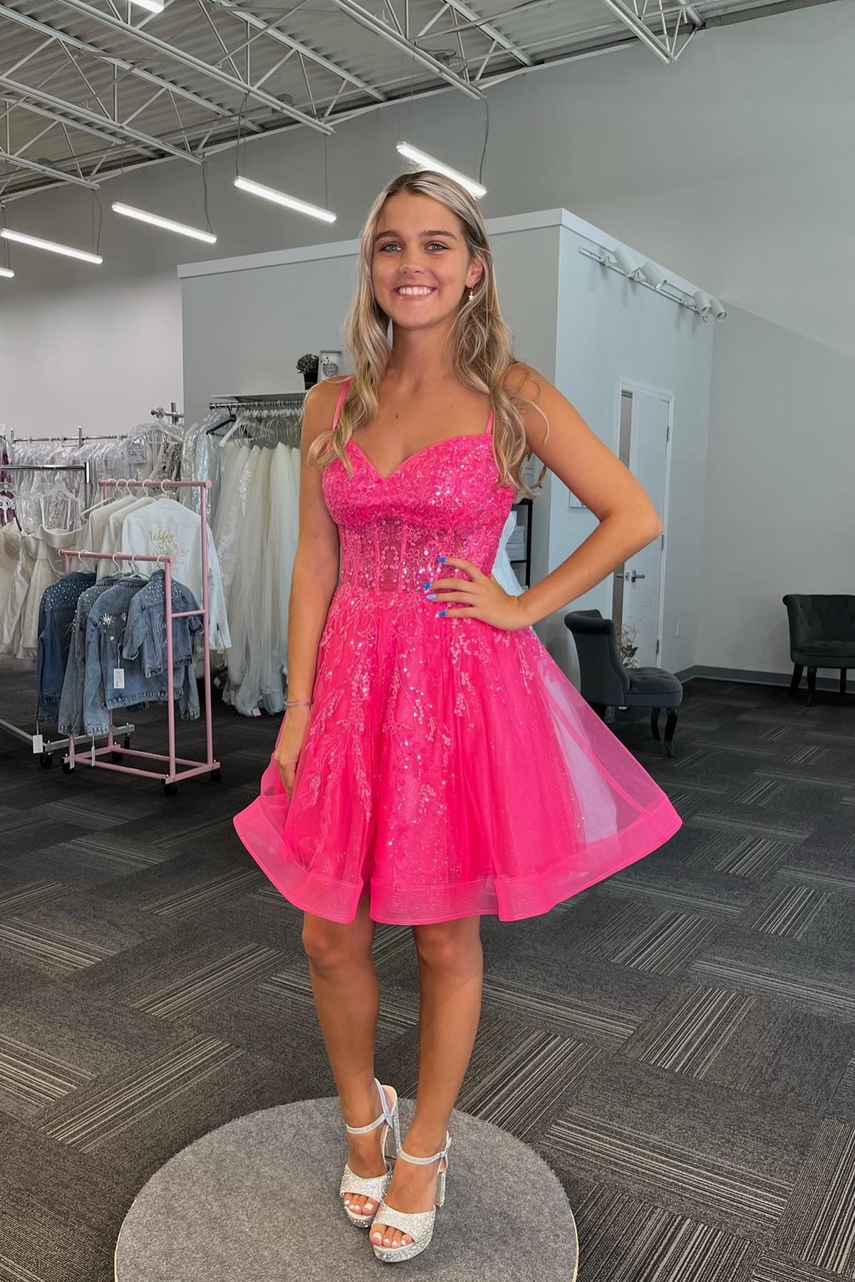 Straps Hot Pink A-line Short Homecoming Dress