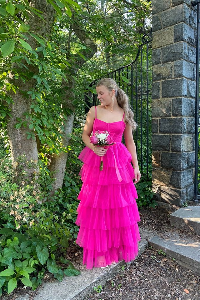 Straps Hot Pink Tiered Ruffle Long Formal Dress