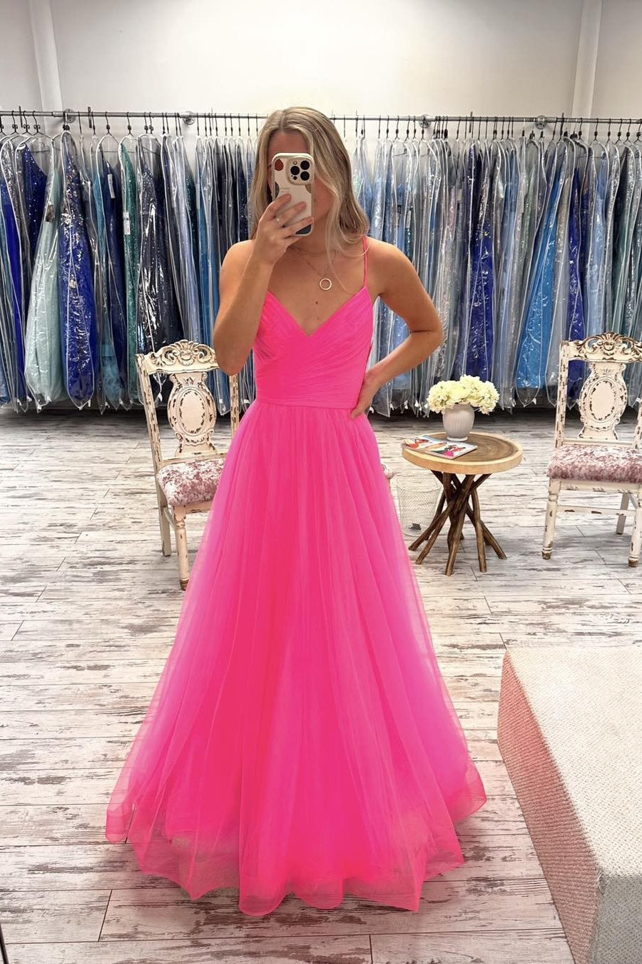 Straps Hot Pink Tulle Pleated A-line Long Prom Dress