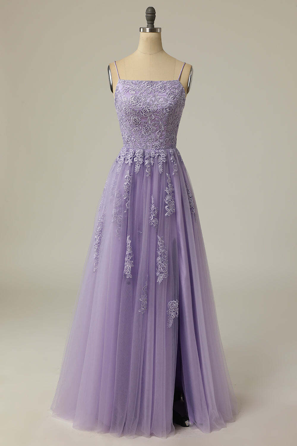 Straps Lavender A-line Appliques Long Prom Dress