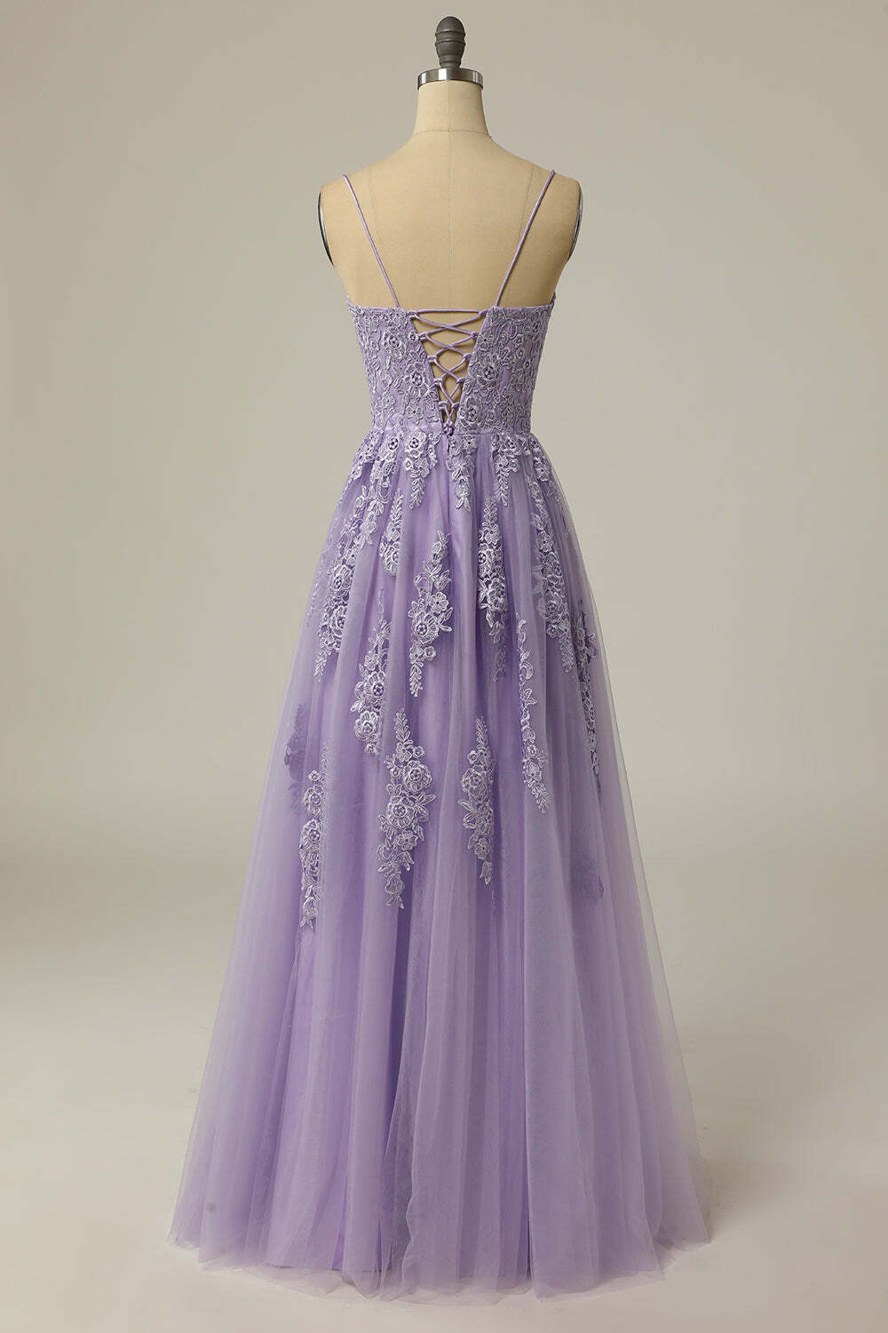 Straps Lavender A-line Appliques Long Prom Dress