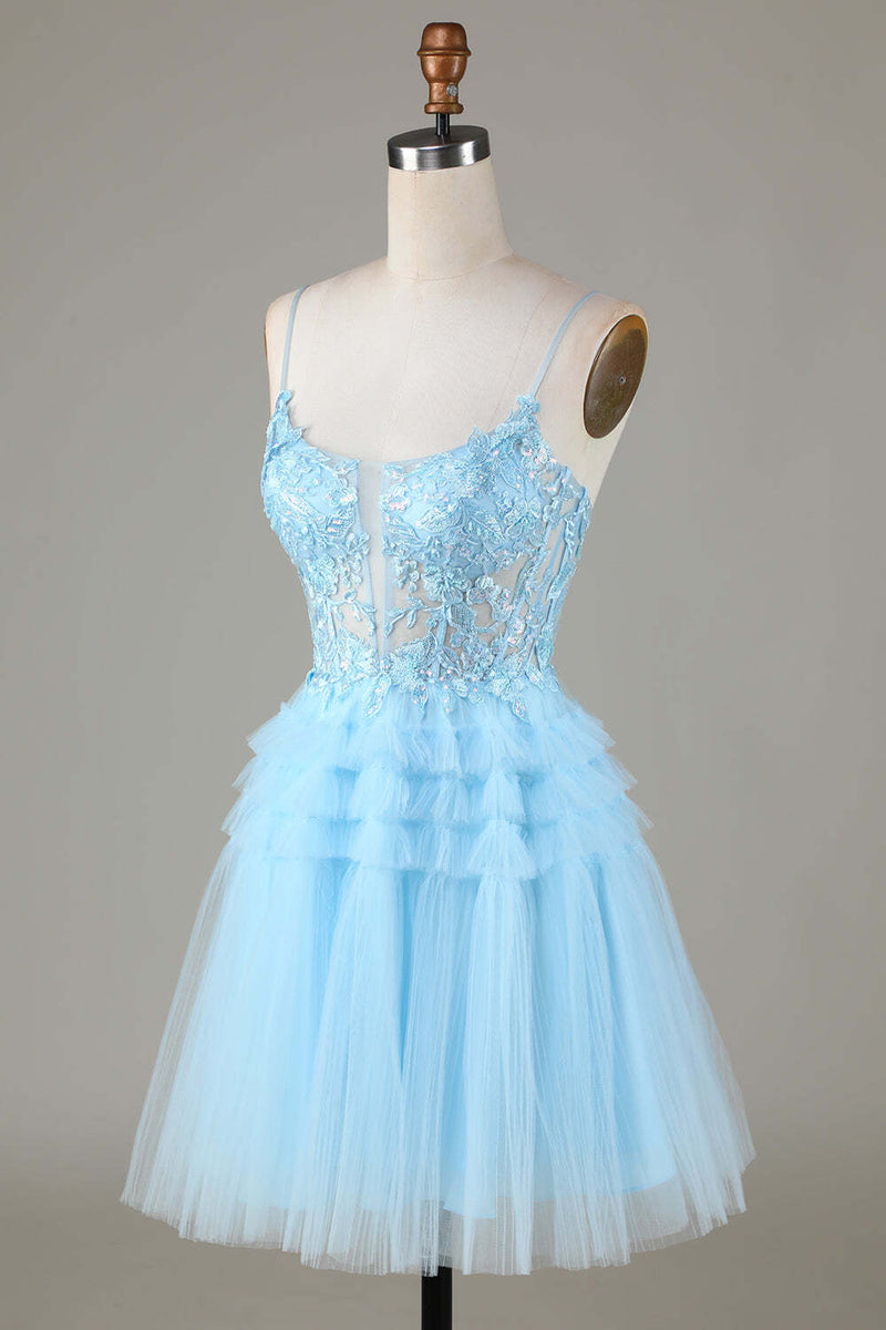 Straps Light Blue Tiered Ruffles Short Princess Dress