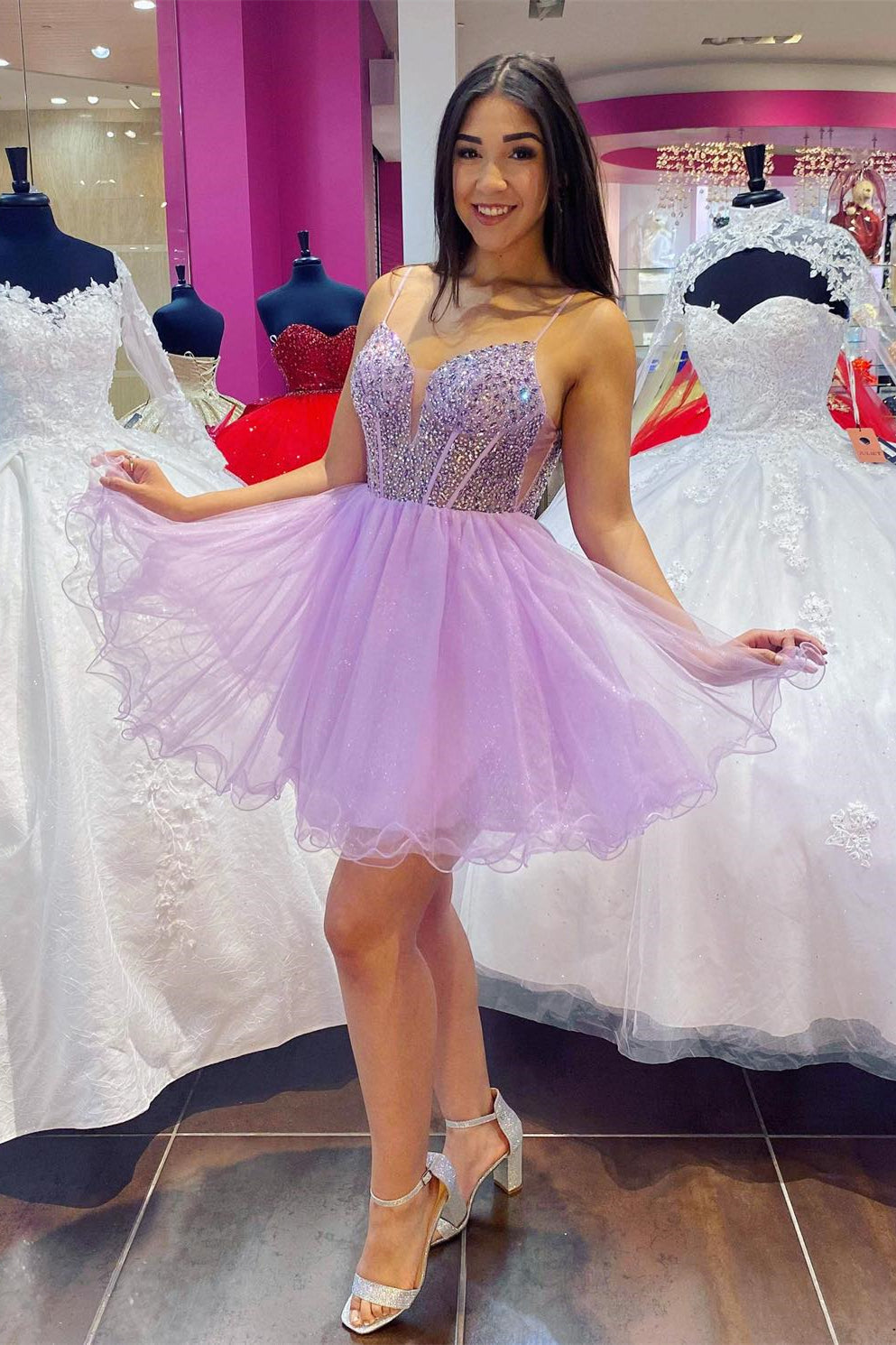 Straps Lilac Beaded A-line Short Homecoming Dress