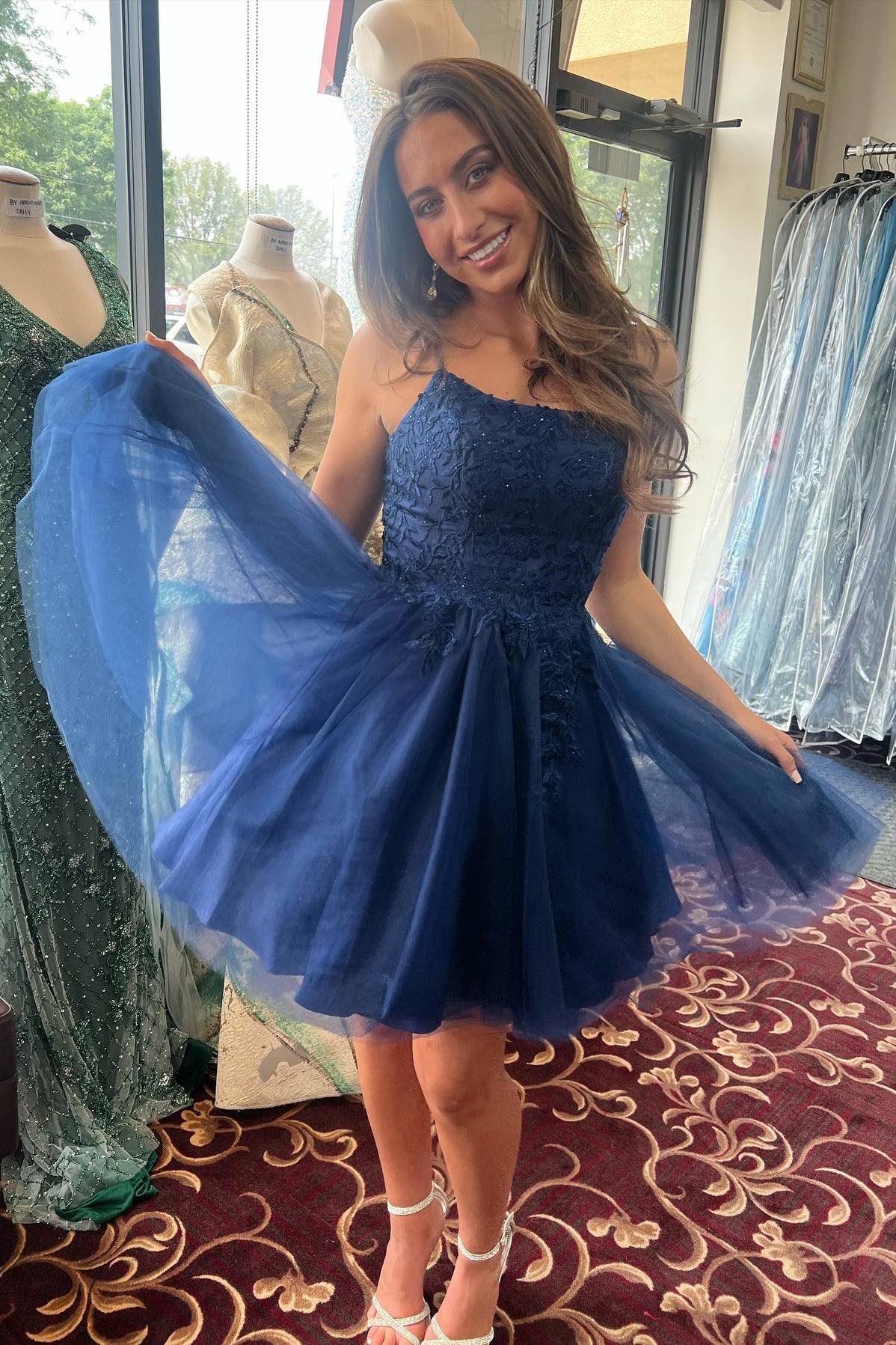 Straps Navy Blue Appliques A-line Short Homecoming Dress
